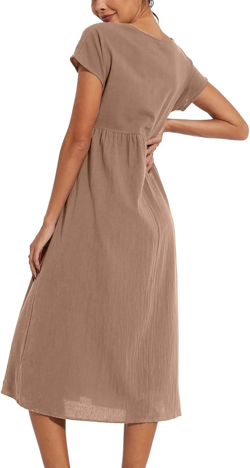 Baggy Linen Dresses for Women Summer Short Sleeve Crewneck A Line Dress Tunic Beach Swing Maxi Dresses with Pockets