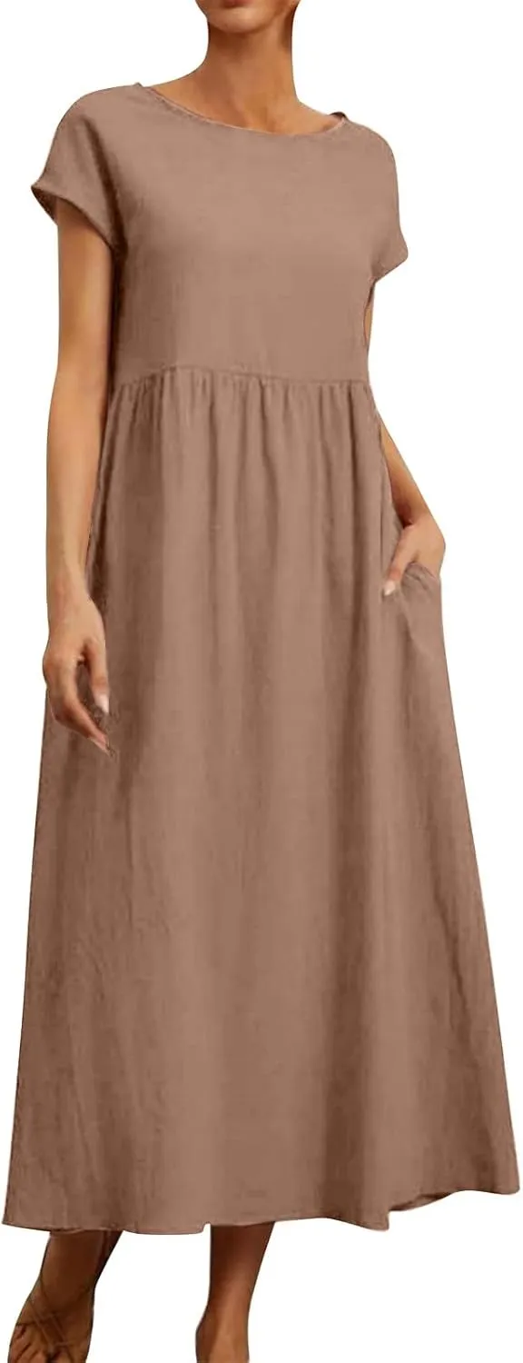 Baggy Linen Dresses for Women Summer Short Sleeve Crewneck A Line Dress Tunic Beach Swing Maxi Dresses with Pockets
