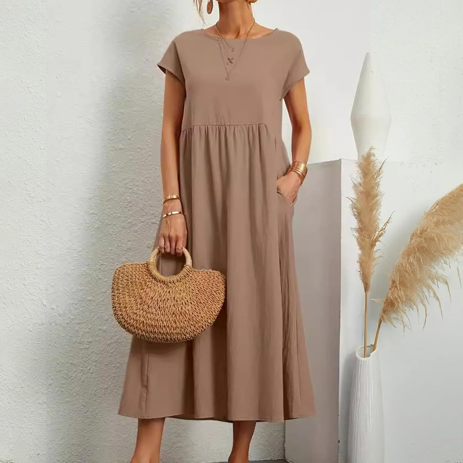 Baggy Linen Dresses for Women Summer Short Sleeve Crewneck A Line Dress Tunic Beach Swing Maxi Dresses with Pockets