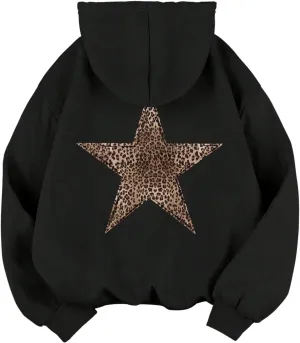 Baonmy Star Graphic Hoodies Y2k Leopard Print Oversized Fleece Hoodie Long Sleeve Pullover Sweatshirt for Women Streetwear