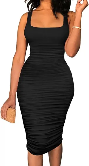 BEAGIMEG Women's Sexy Tank Top Bodycon Ruched Sleeveless Basic Midi Party Dress