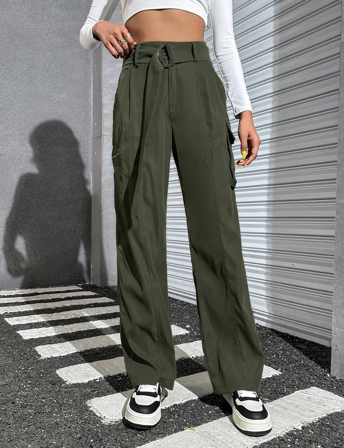 Blooming Jelly Womens High Waisted Baggy Cargo Pants Flap Pocket Y2K Pants Drawstring Relaxed Fit Pants 2023