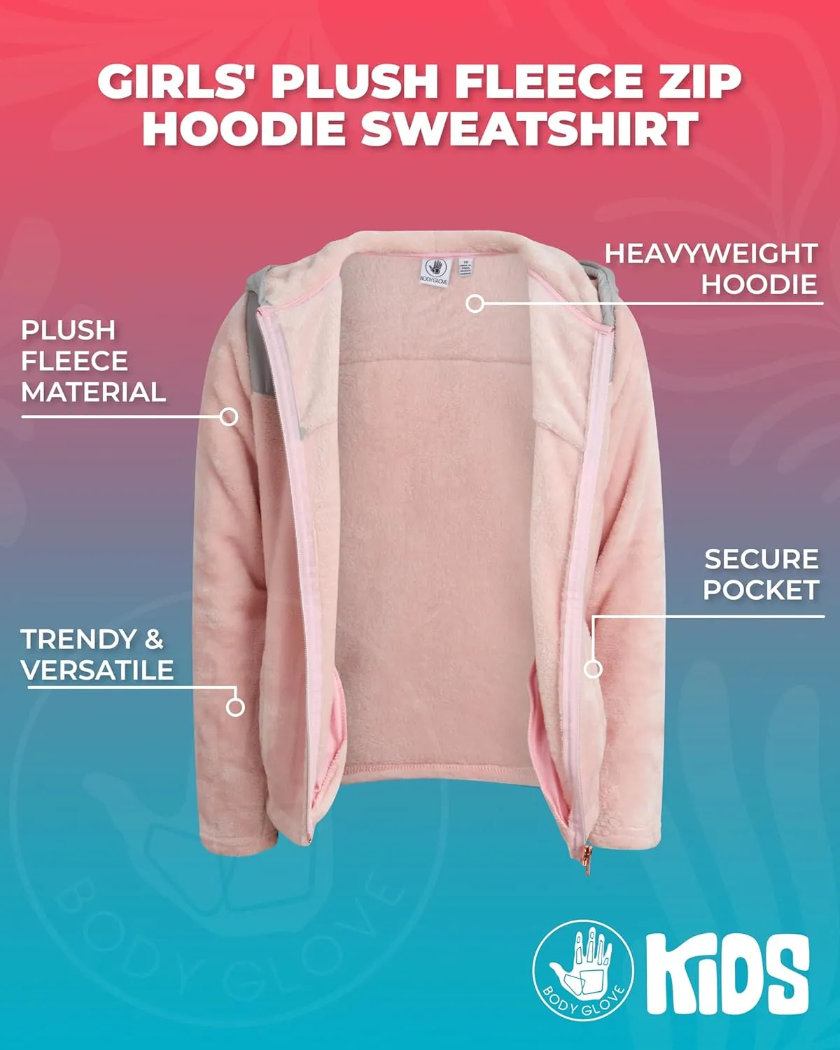 Body Glove Girls' Sweatshirt - Super Soft Plush Fleece Zip Up Hoodie Sweatshirt - Heavyweight Sweatshirt for Girls (7-12)