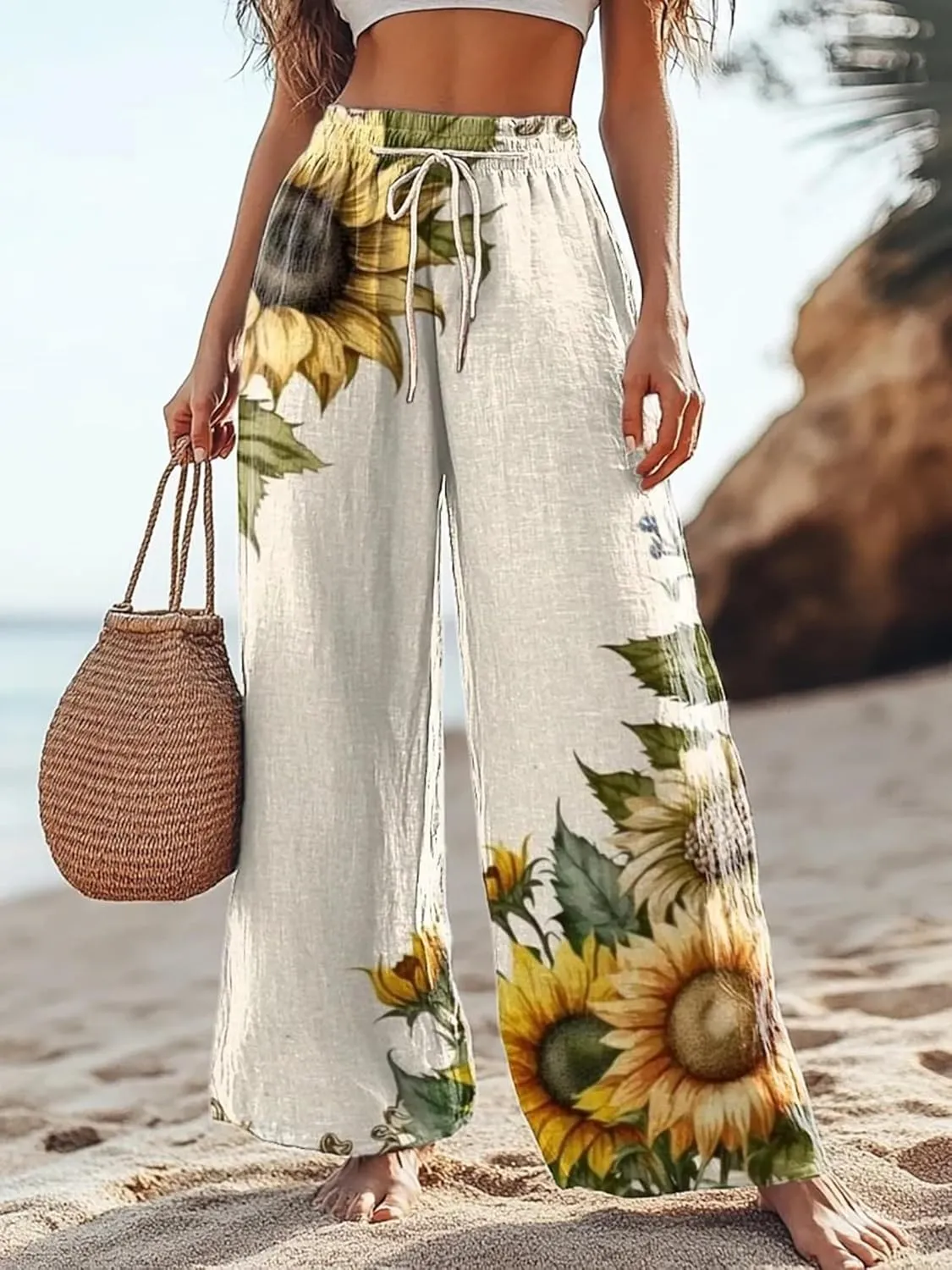 Boho Floral Wide Leg Pants for Women Cotton Linen Casual Loose Pants Summer Beach Flowers Print Flowy Long Pants