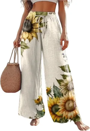 Boho Floral Wide Leg Pants for Women Cotton Linen Casual Loose Pants Summer Beach Flowers Print Flowy Long Pants