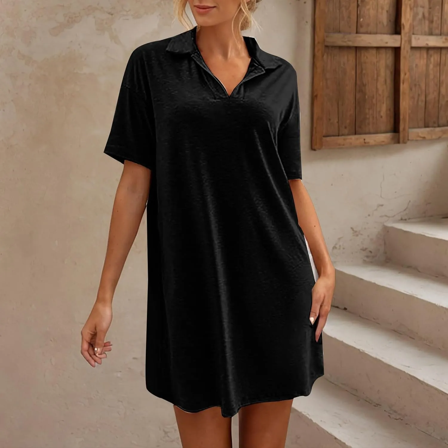 Borniu Women's Summer Casual Solid Color Comforable Mini Dresses 2025 Lapel V Neck Short Sleeve Flowy A Line T Shirt Dress