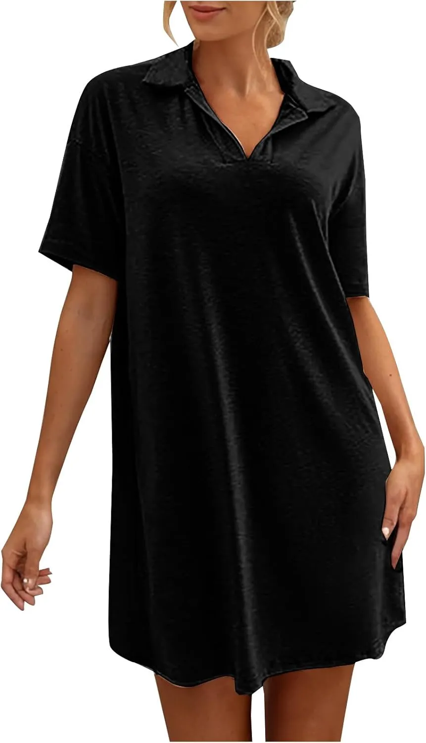 Borniu Women's Summer Casual Solid Color Comforable Mini Dresses 2025 Lapel V Neck Short Sleeve Flowy A Line T Shirt Dress