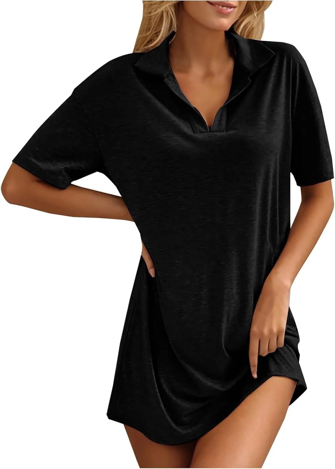 Borniu Women's Summer Casual Solid Color Comforable Mini Dresses 2025 Lapel V Neck Short Sleeve Flowy A Line T Shirt Dress