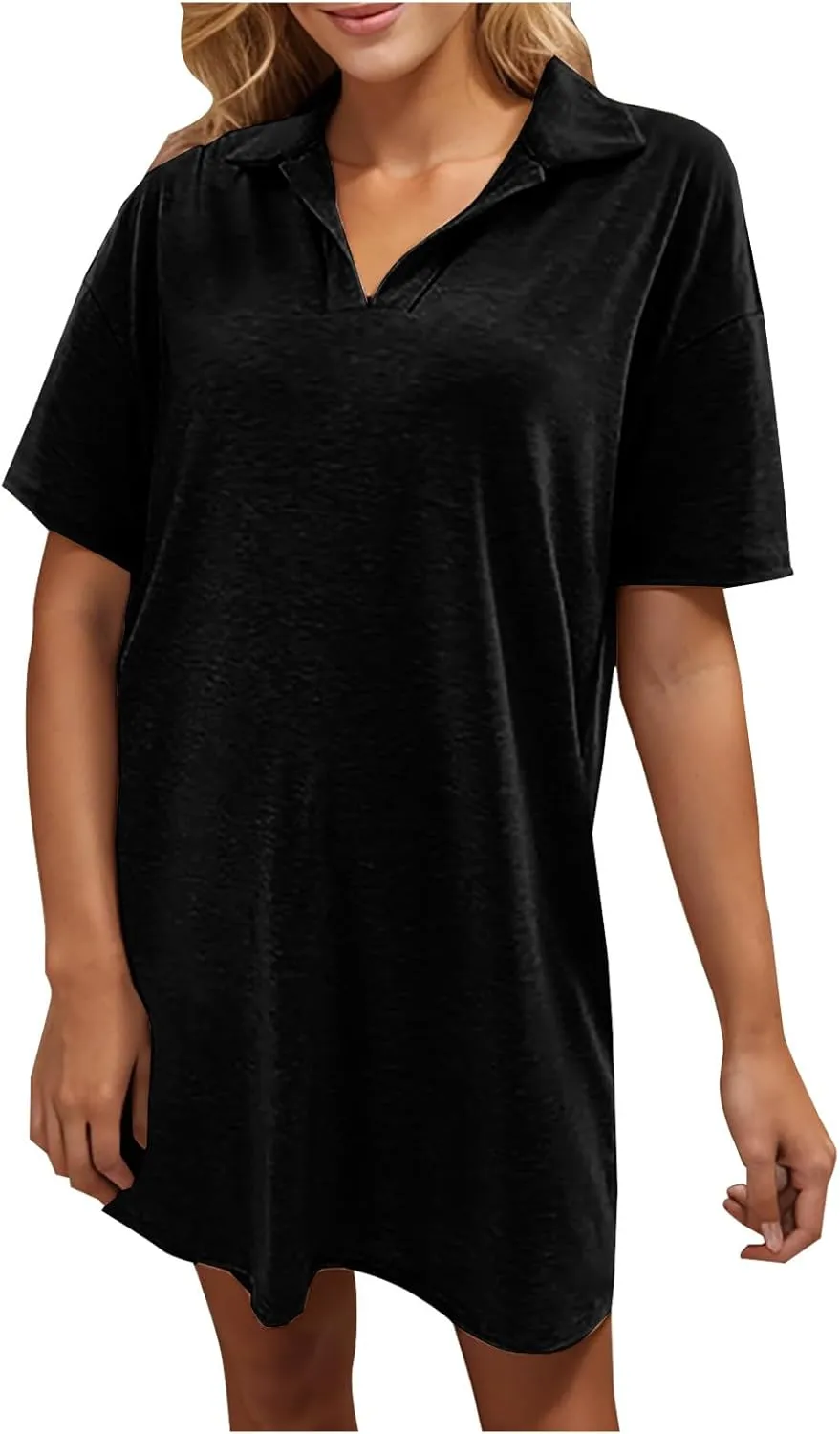 Borniu Women's Summer Casual Solid Color Comforable Mini Dresses 2025 Lapel V Neck Short Sleeve Flowy A Line T Shirt Dress