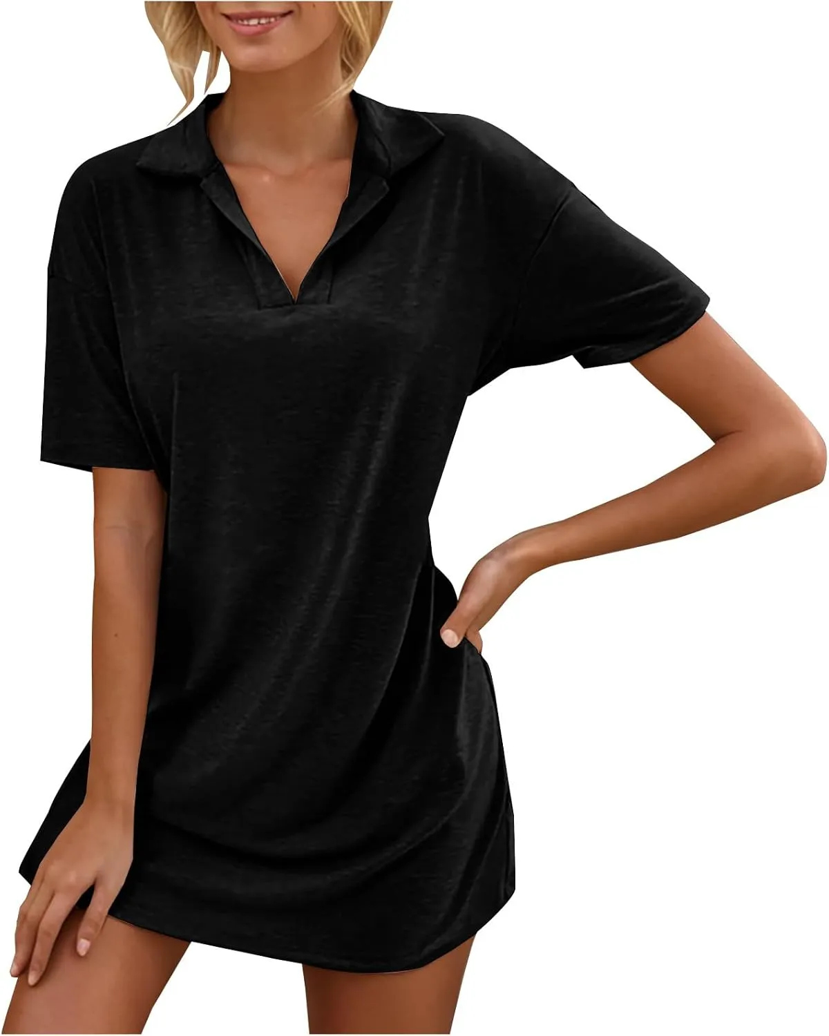 Borniu Women's Summer Casual Solid Color Comforable Mini Dresses 2025 Lapel V Neck Short Sleeve Flowy A Line T Shirt Dress