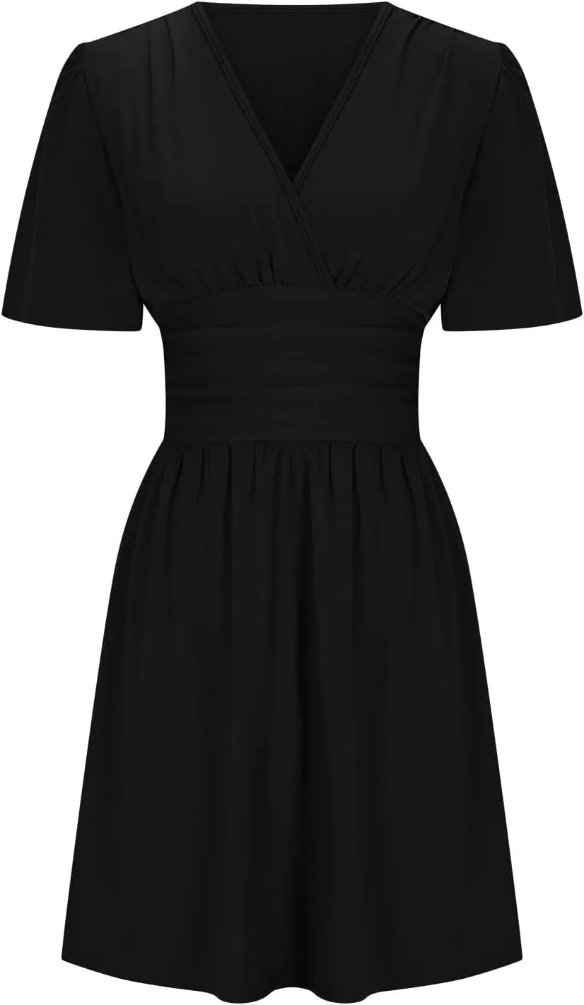 Borniu Womens Summer Casual V Neck Dress Sexy Short Sleeve Mini Sundress Boho Western Empire Waist Pleated Ladies Dresses