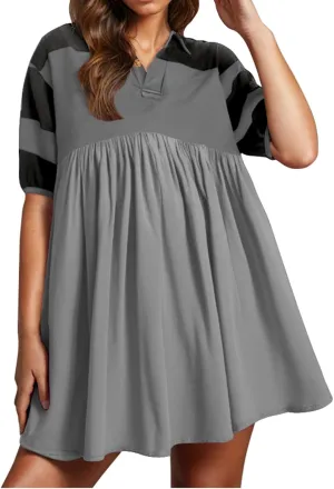 Borniu Women's Summer Short Sleeve Color Block Lapel Baggy Mini Dress Cute Babydoll Ruffle Pleated A Line Tunic Dresses