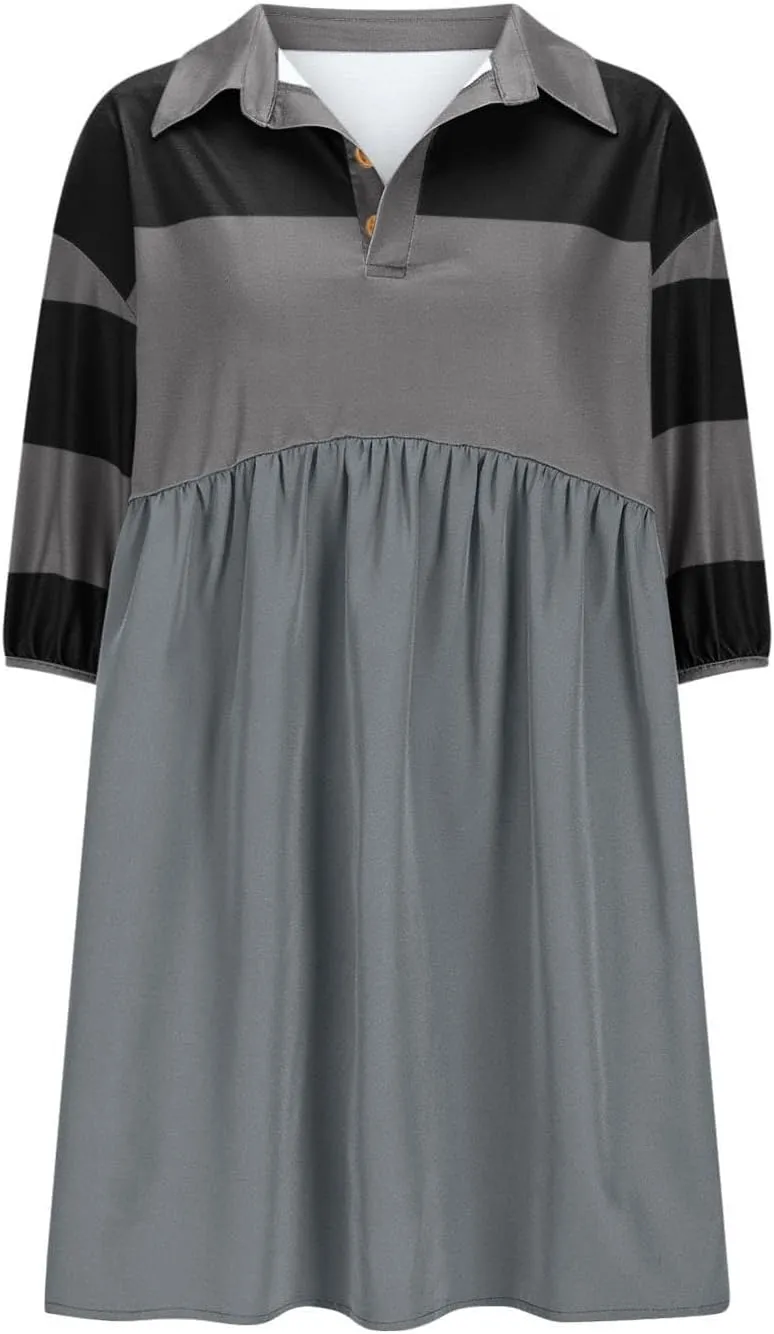 Borniu Women's Summer Short Sleeve Color Block Lapel Baggy Mini Dress Cute Babydoll Ruffle Pleated A Line Tunic Dresses