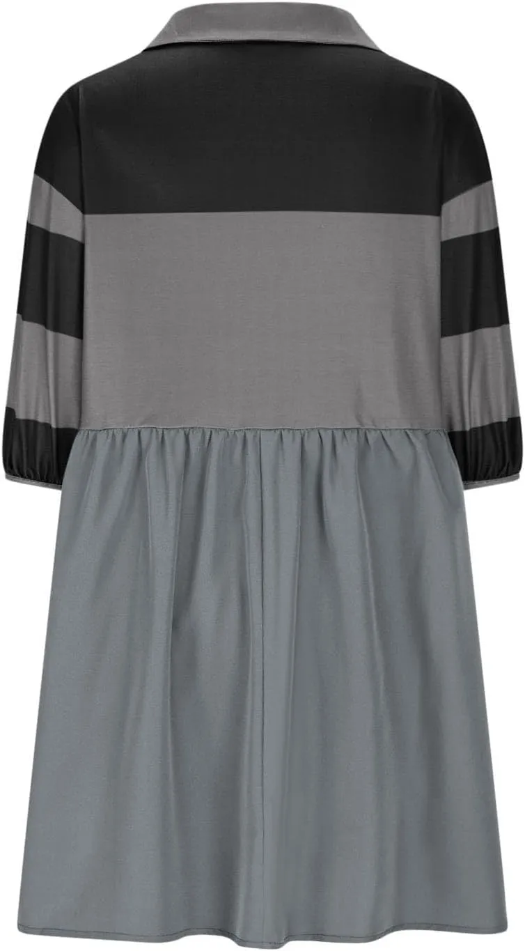 Borniu Women's Summer Short Sleeve Color Block Lapel Baggy Mini Dress Cute Babydoll Ruffle Pleated A Line Tunic Dresses