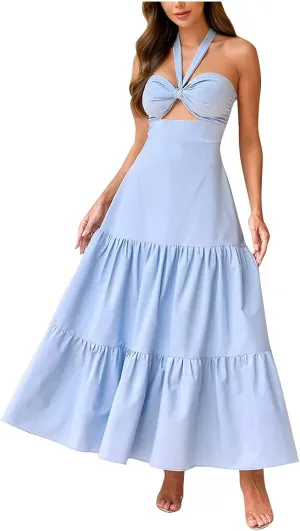 Borniu Women's Summer Strapless Maxi Dress 2025 Off Shoulder Hollow Out Smocked A Line Tube Backless Tiered Long Dresses