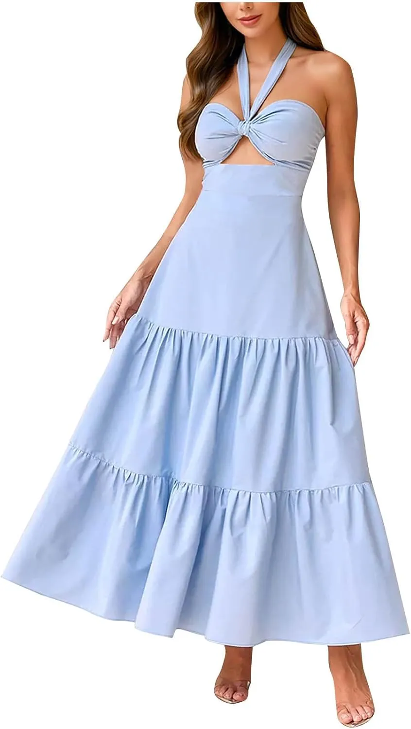 Borniu Women's Summer Strapless Maxi Dress 2025 Off Shoulder Hollow Out Smocked A Line Tube Backless Tiered Long Dresses