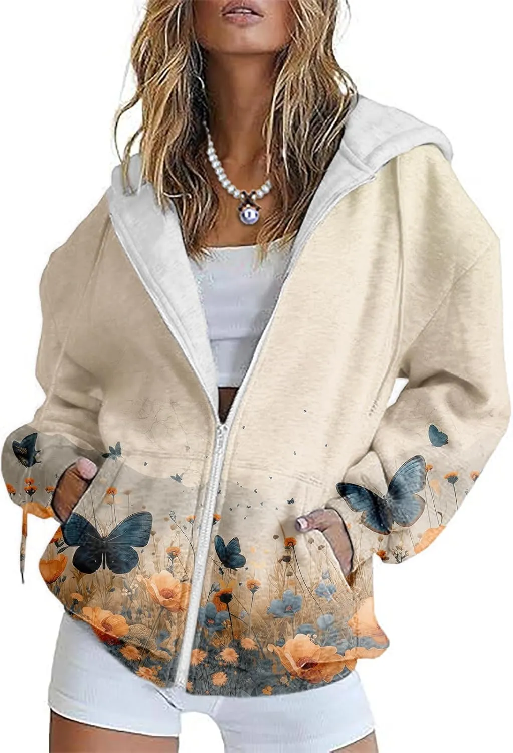 Butterfly Zip up Hoodie Women Oversized Trendy Graphic Zipper Hooded Sweatshirt Casual Fall Y2k Long Sleeve Drawstring Coats