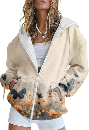 Butterfly Zip up Hoodie Women Oversized Trendy Graphic Zipper Hooded Sweatshirt Casual Fall Y2k Long Sleeve Drawstring Coats