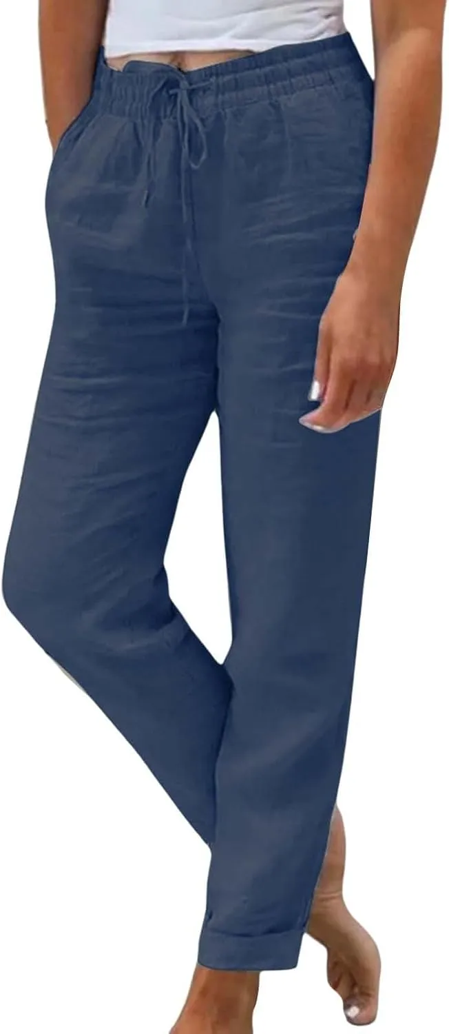 Capri Pants for Women Casual 2025 Summer Drawstring Elastic High Waist Linen Pant Straight Wide Leg Cropped Trouser