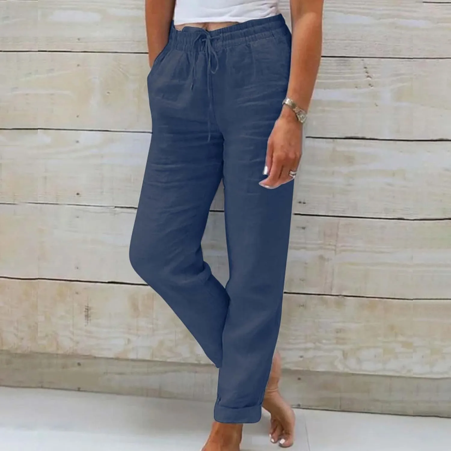 Capri Pants for Women Casual 2025 Summer Drawstring Elastic High Waist Linen Pant Straight Wide Leg Cropped Trouser