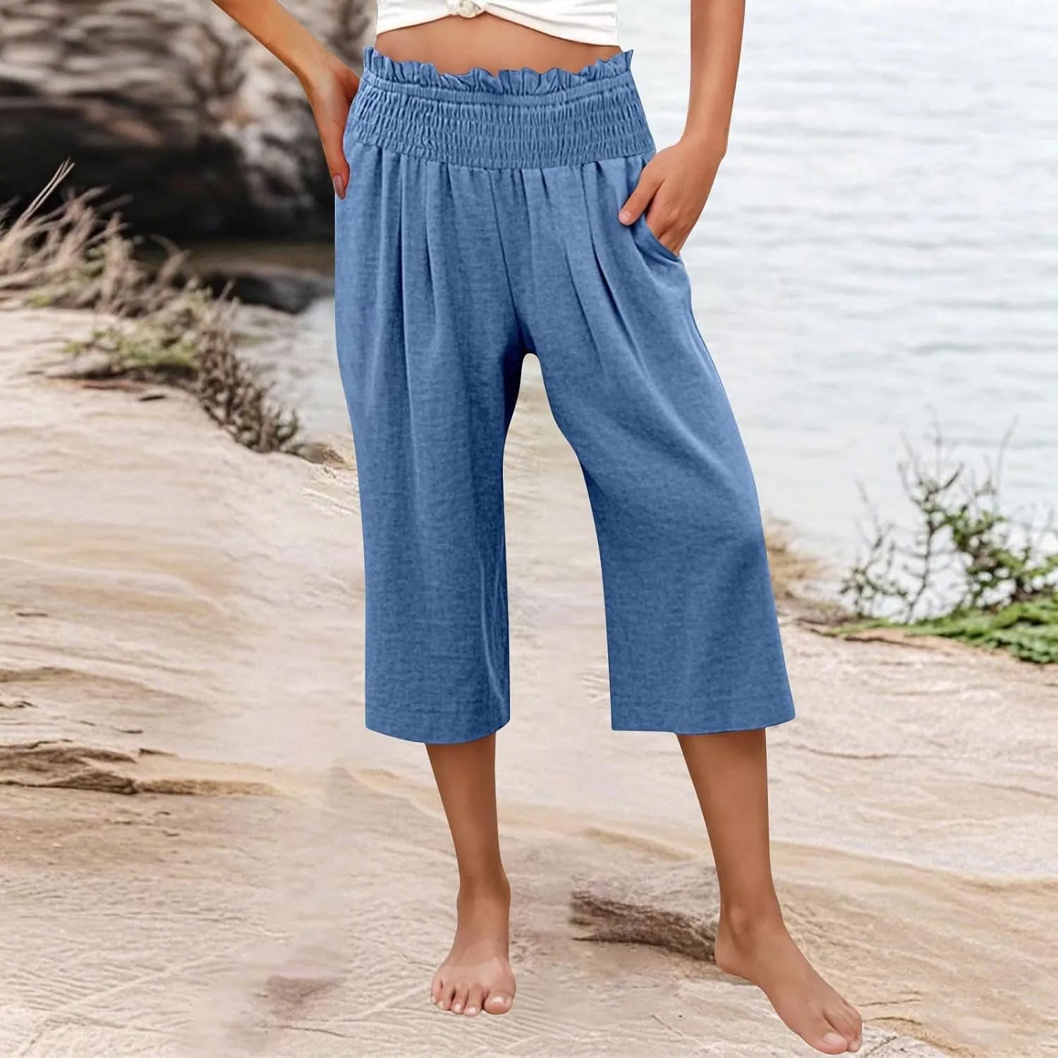 Capri Pants for Women Lightweight Summer High Waisted Wide Leg Palazzo Trousers with Pockets Travel Vacation Outfits
