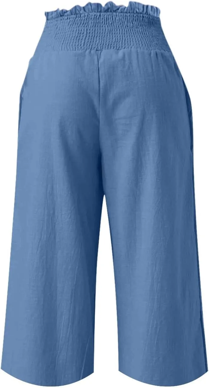 Capri Pants for Women Lightweight Summer High Waisted Wide Leg Palazzo Trousers with Pockets Travel Vacation Outfits