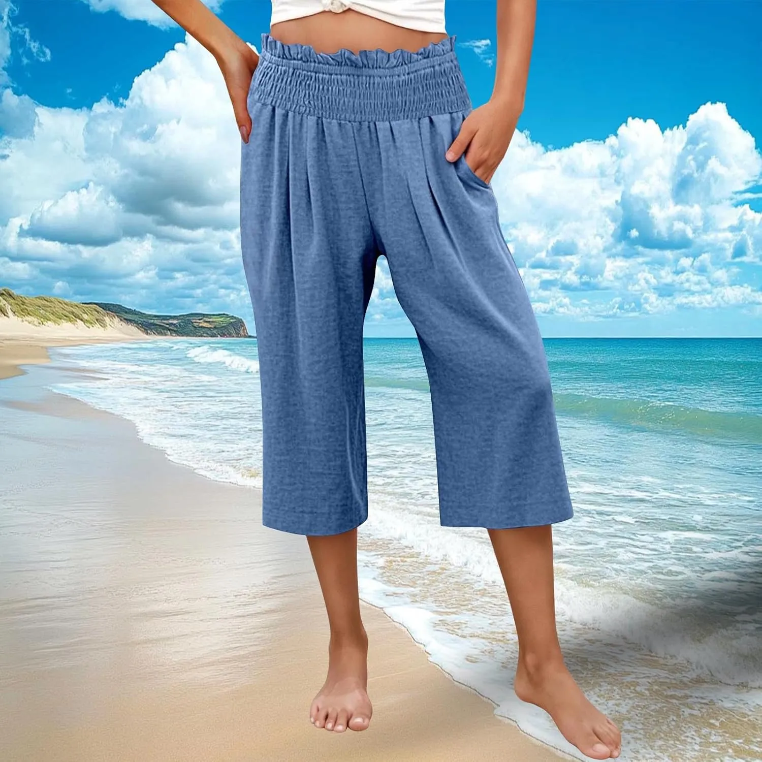 Capri Pants for Women Lightweight Summer High Waisted Wide Leg Palazzo Trousers with Pockets Travel Vacation Outfits