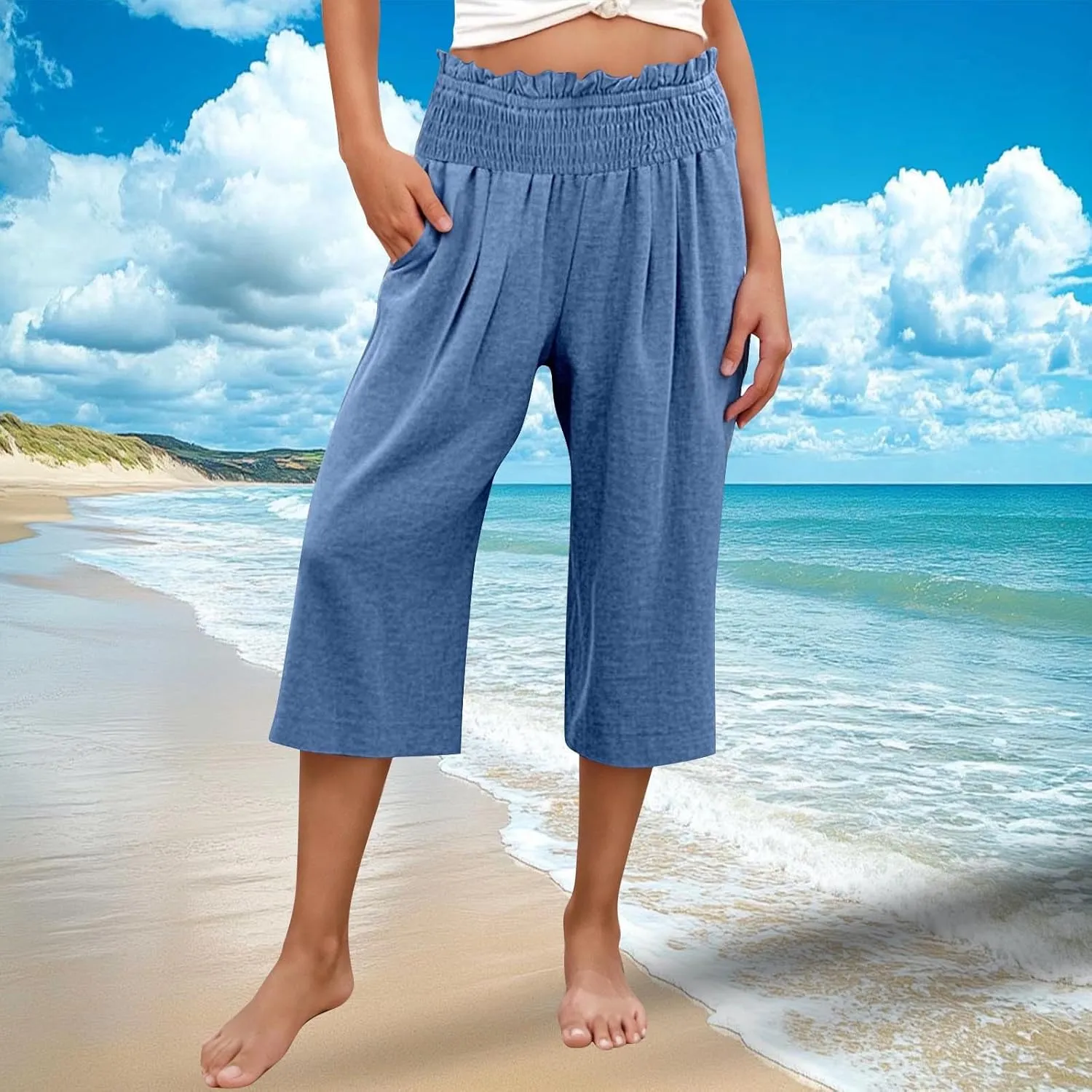 Capri Pants for Women Lightweight Summer High Waisted Wide Leg Palazzo Trousers with Pockets Travel Vacation Outfits