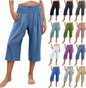 Capri Pants for Women Lightweight Summer High Waisted Wide Leg Palazzo Trousers with Pockets Travel Vacation Outfits