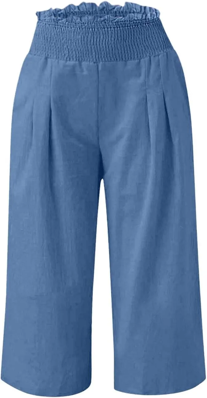 Capri Pants for Women Lightweight Summer High Waisted Wide Leg Palazzo Trousers with Pockets Travel Vacation Outfits