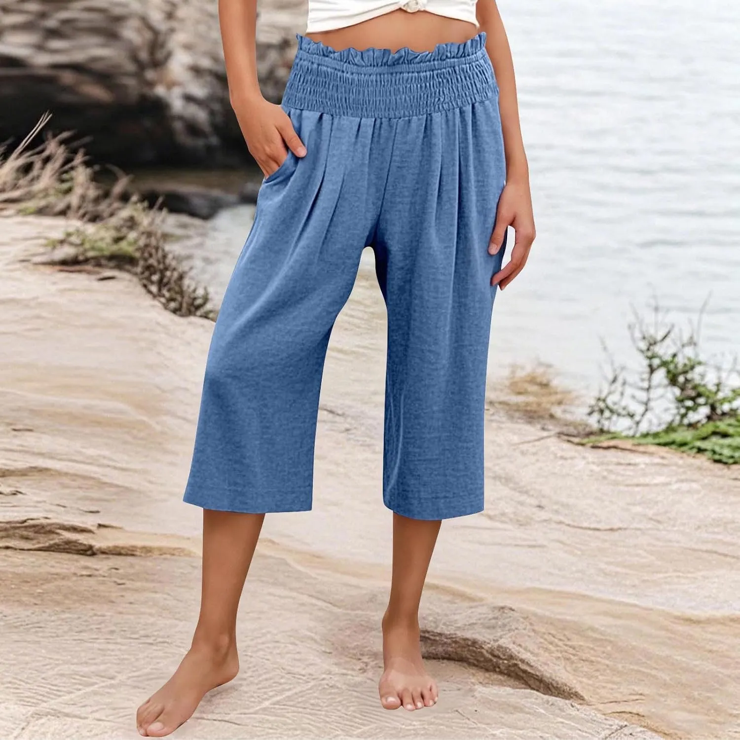 Capri Pants for Women Lightweight Summer High Waisted Wide Leg Palazzo Trousers with Pockets Travel Vacation Outfits