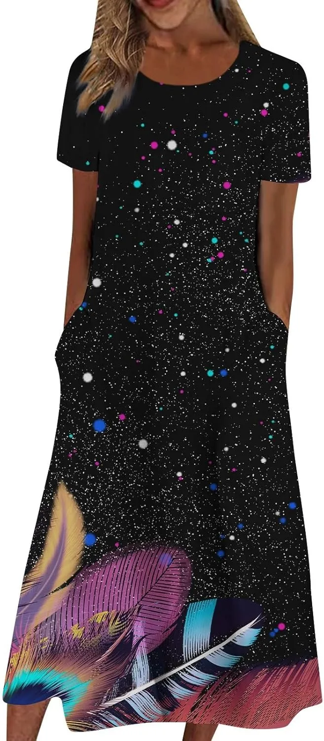 Casual Dresses for Women 2024 Summer Trendy Short Sleeve Ruffle Long T Shirt Dress Boho Leaves Print Loose Maxi Sundress