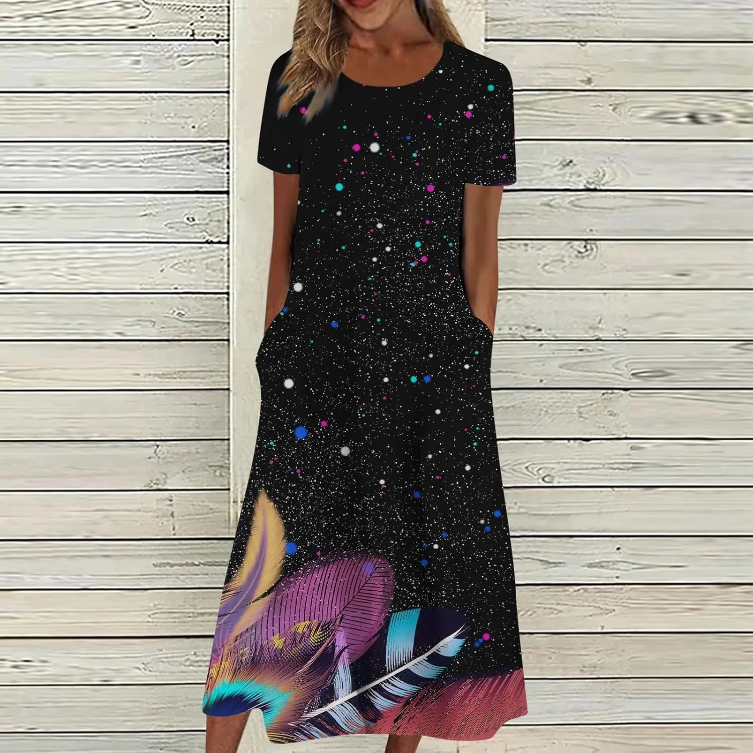 Casual Dresses for Women 2024 Summer Trendy Short Sleeve Ruffle Long T Shirt Dress Boho Leaves Print Loose Maxi Sundress