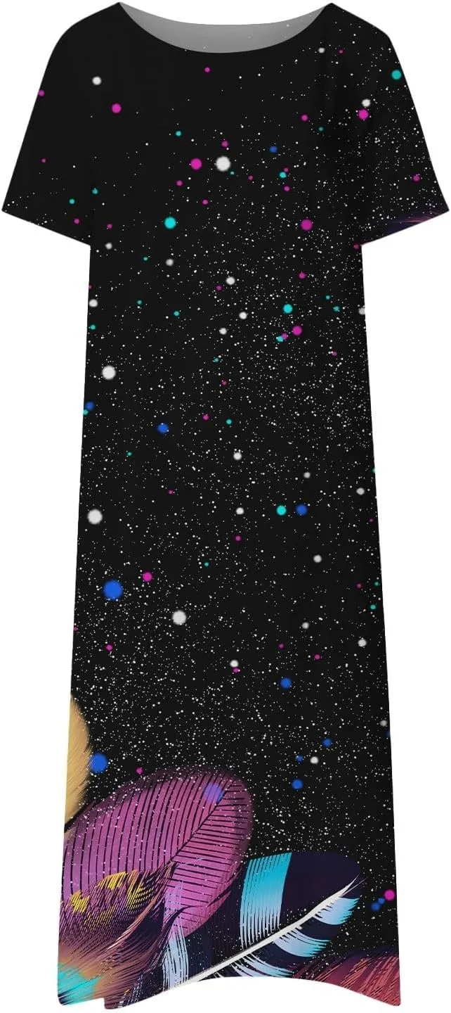 Casual Dresses for Women 2024 Summer Trendy Short Sleeve Ruffle Long T Shirt Dress Boho Leaves Print Loose Maxi Sundress