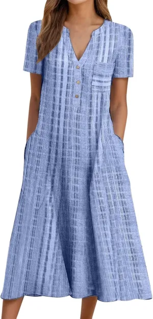 Casual Summer Dresses for Women Stripe Button V Neck Sleeveless with Pocket Long Dresses Holiday Beach Party Midi Dress