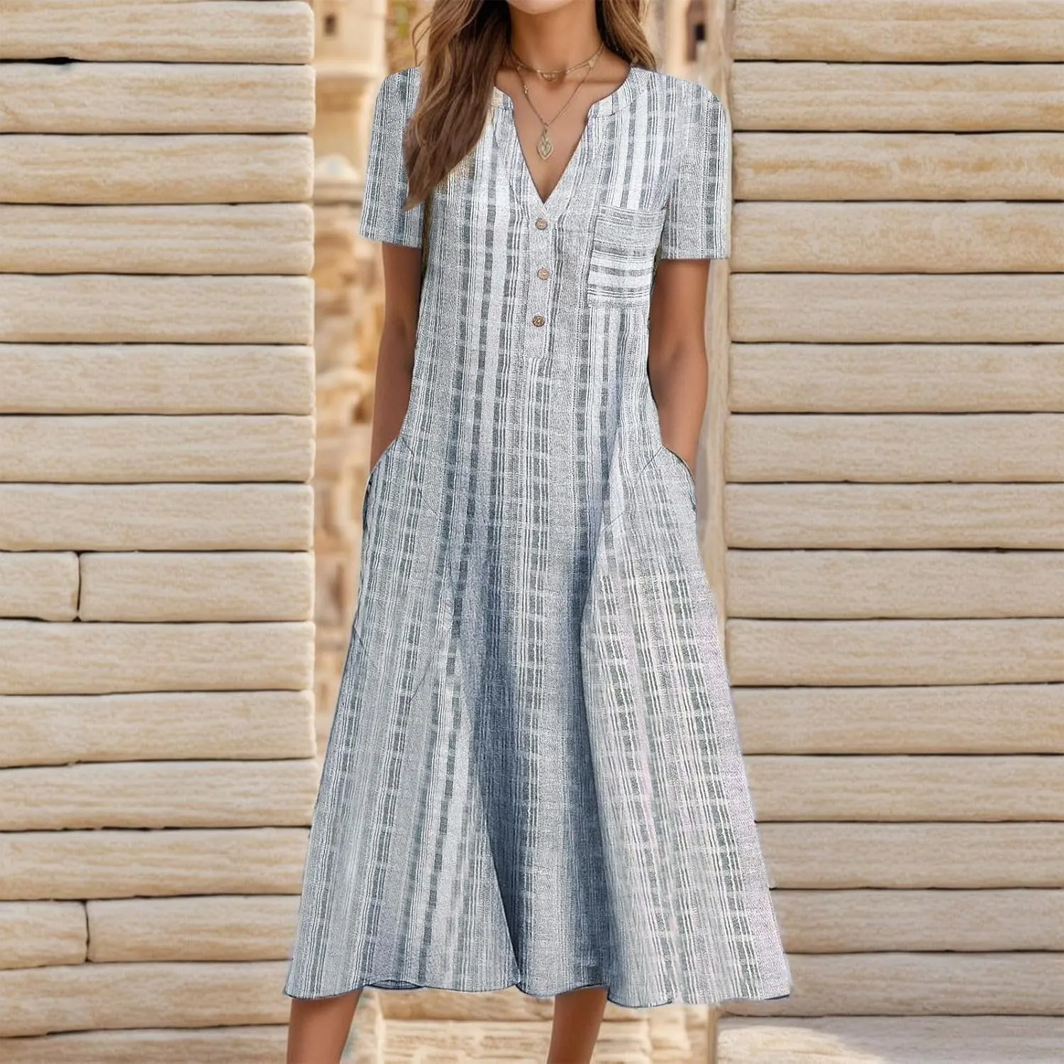 Casual Summer Dresses for Women Stripe Button V Neck Sleeveless with Pocket Long Dresses Holiday Beach Party Midi Dress