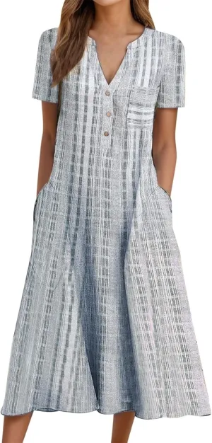 Casual Summer Dresses for Women Stripe Button V Neck Sleeveless with Pocket Long Dresses Holiday Beach Party Midi Dress