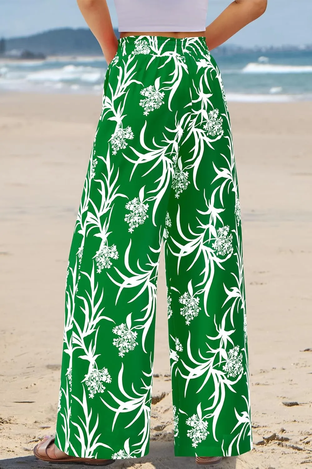 CFLONGE Wide Leg Pants for Women 2025 Casual High Waist Floral Palazzo Pant Flowy Trendy Beach Boho Trousers with Pockets
