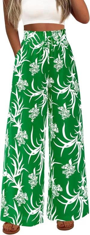 CFLONGE Wide Leg Pants for Women 2025 Casual High Waist Floral Palazzo Pant Flowy Trendy Beach Boho Trousers with Pockets