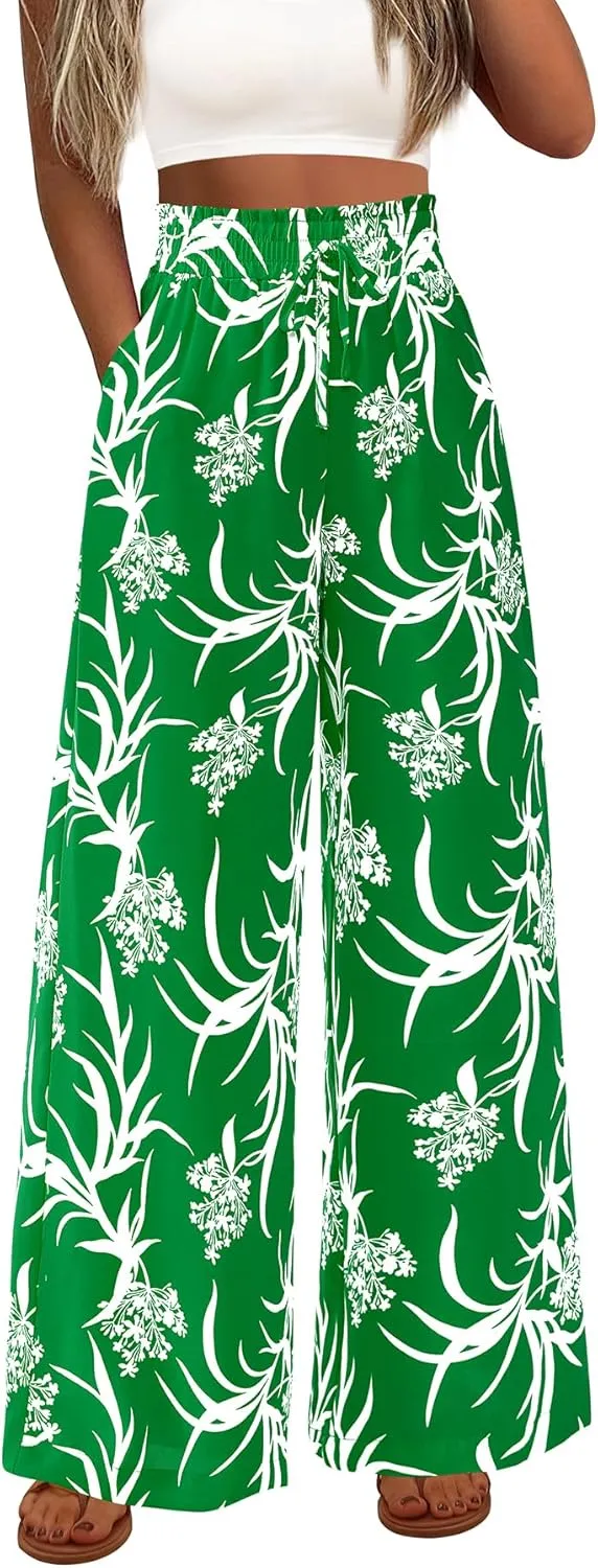 CFLONGE Wide Leg Pants for Women 2025 Casual High Waist Floral Palazzo Pant Flowy Trendy Beach Boho Trousers with Pockets