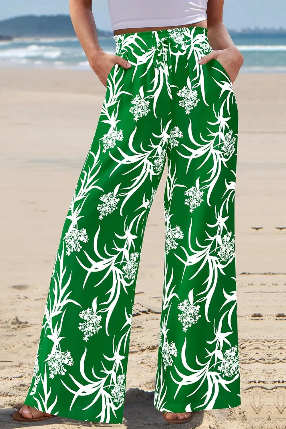 CFLONGE Wide Leg Pants for Women 2025 Casual High Waist Floral Palazzo Pant Flowy Trendy Beach Boho Trousers with Pockets