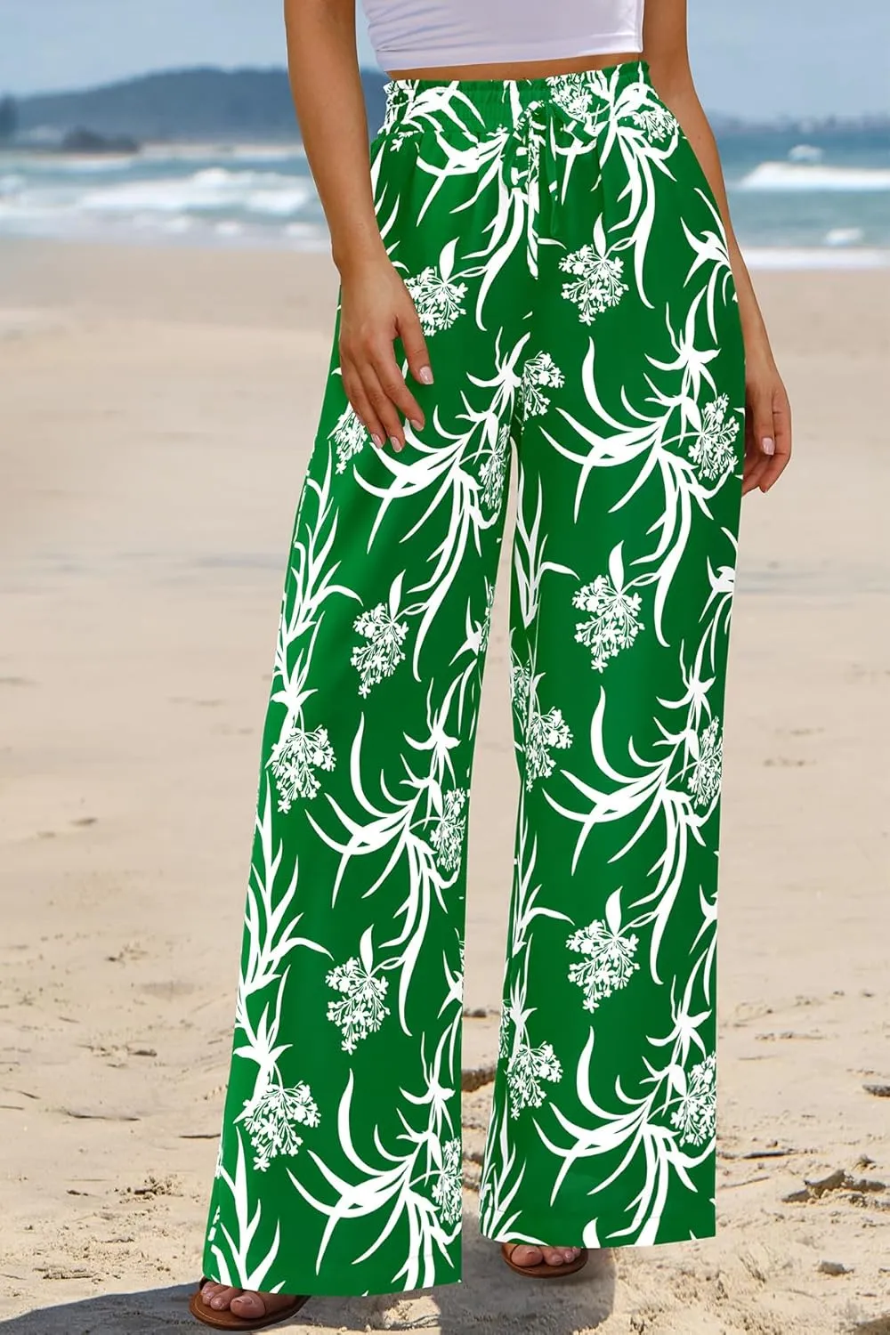CFLONGE Wide Leg Pants for Women 2025 Casual High Waist Floral Palazzo Pant Flowy Trendy Beach Boho Trousers with Pockets