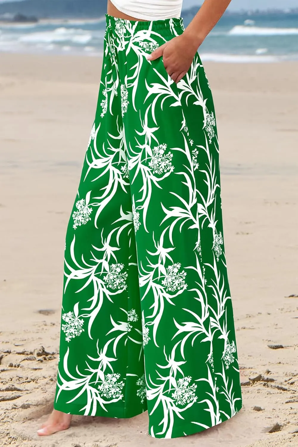 CFLONGE Wide Leg Pants for Women 2025 Casual High Waist Floral Palazzo Pant Flowy Trendy Beach Boho Trousers with Pockets
