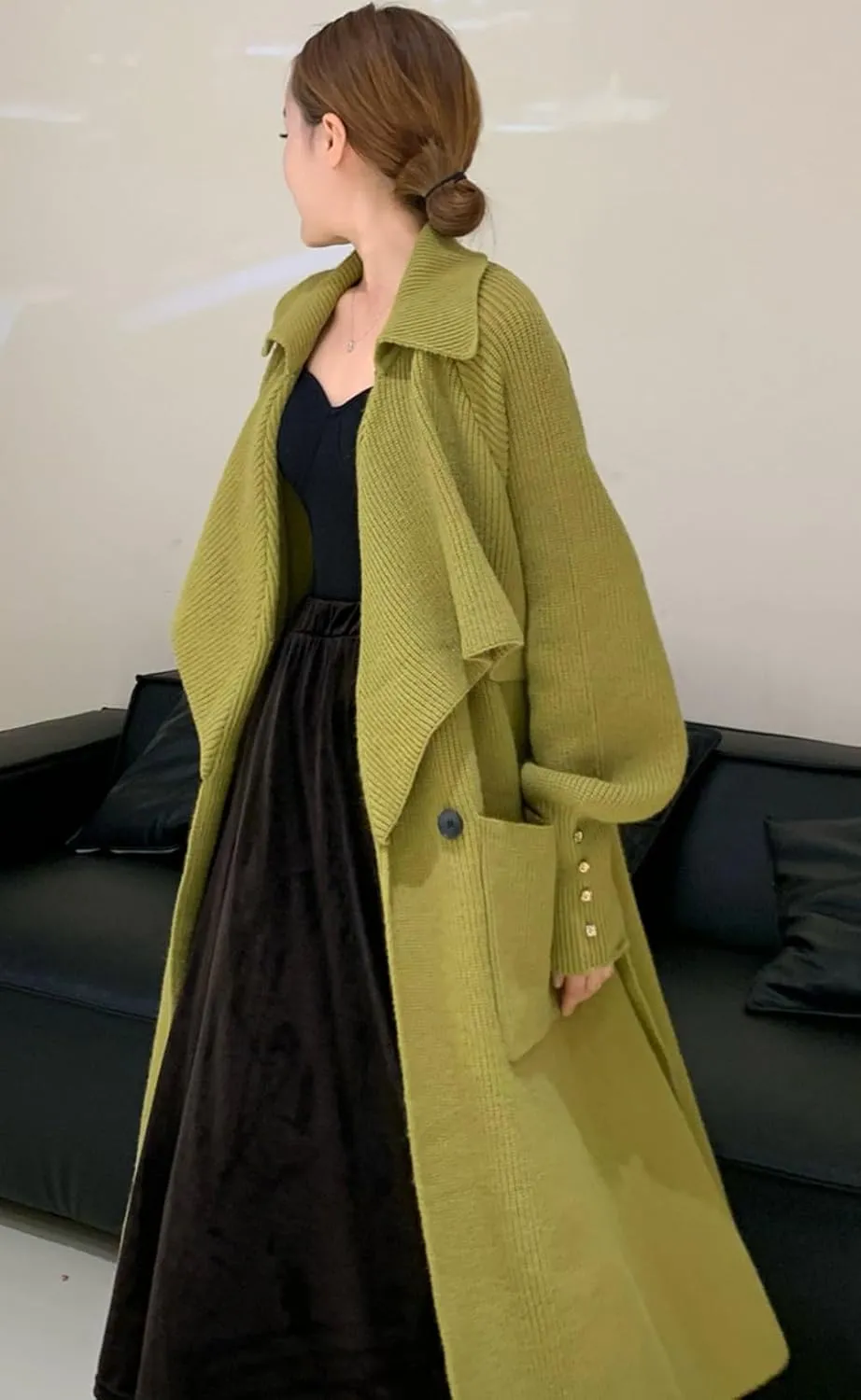 CHARTOU Women's Elegant Lapel Collar Rib-Knit Open Front Cardigan Long Sweater Jacket Overcoat