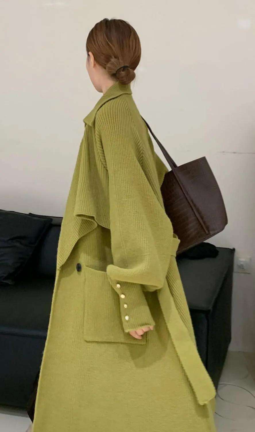 CHARTOU Women's Elegant Lapel Collar Rib-Knit Open Front Cardigan Long Sweater Jacket Overcoat