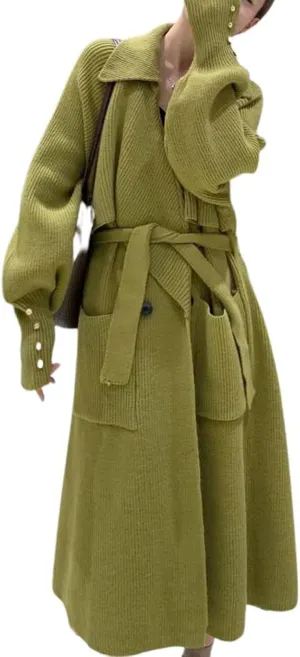 CHARTOU Women's Elegant Lapel Collar Rib-Knit Open Front Cardigan Long Sweater Jacket Overcoat