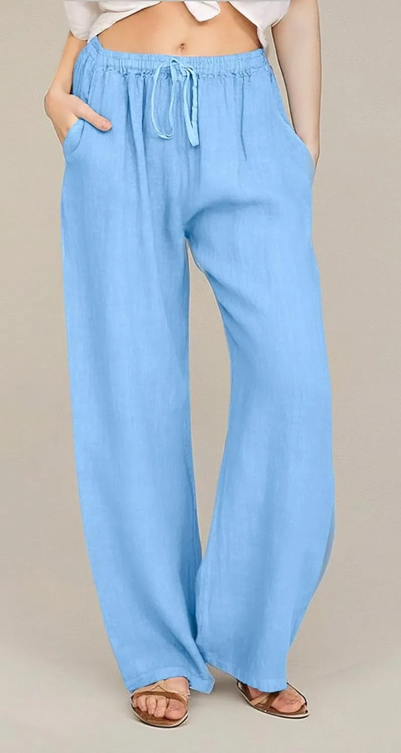 CHARTOU Women's Summer Drawstring Waist Wide Leg Loose Cotton Linen Palazzo Pants