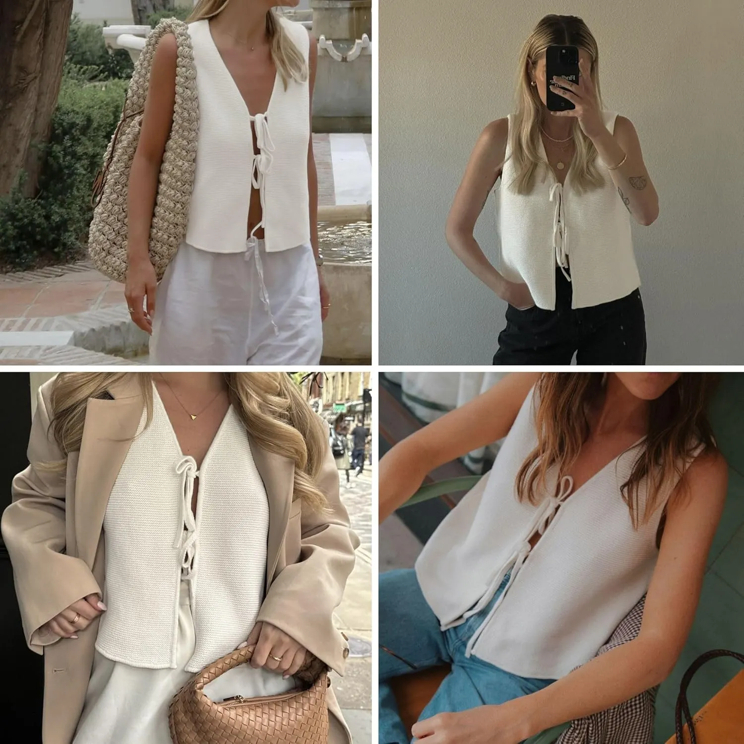 Chevara Womens Tie Front Knit Vest Top Sleeveless V Neck Cardigan Sweater Waistcoat