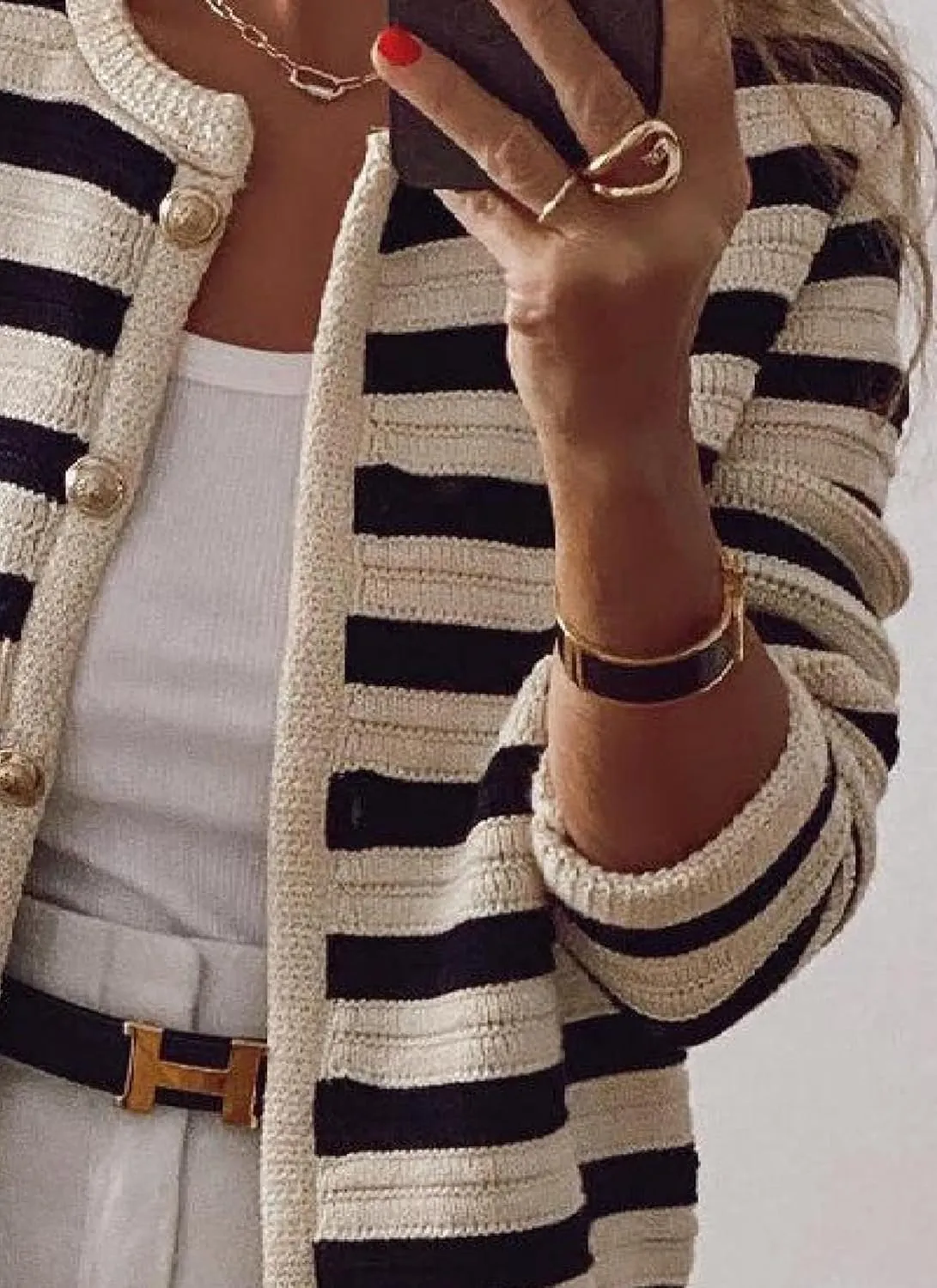 Chic Striped Womens Cardigan Sweaters Collarless Long Sleeve Knitted Sweater and Color Block Outwear Jacket for Women