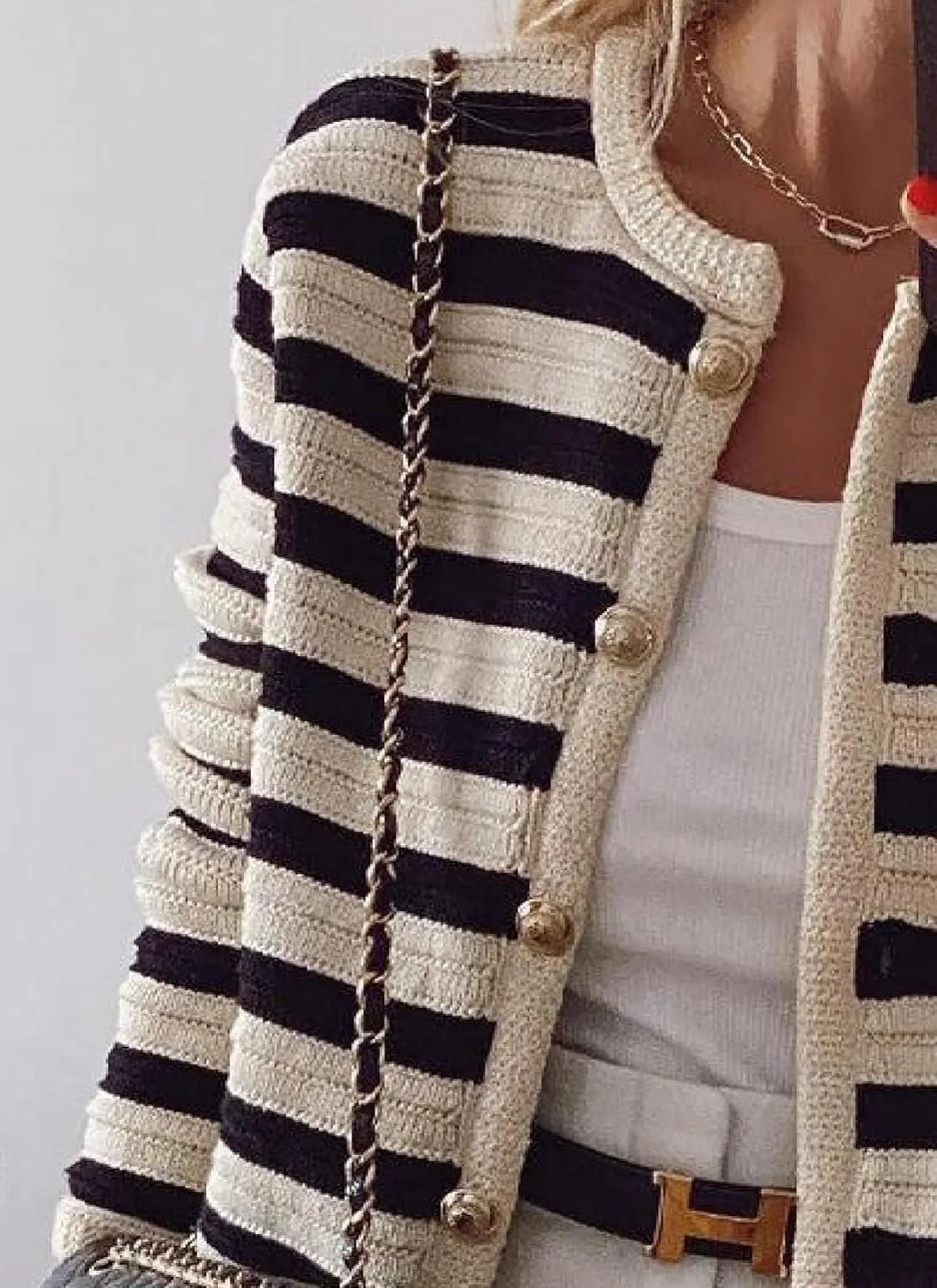 Chic Striped Womens Cardigan Sweaters Collarless Long Sleeve Knitted Sweater and Color Block Outwear Jacket for Women